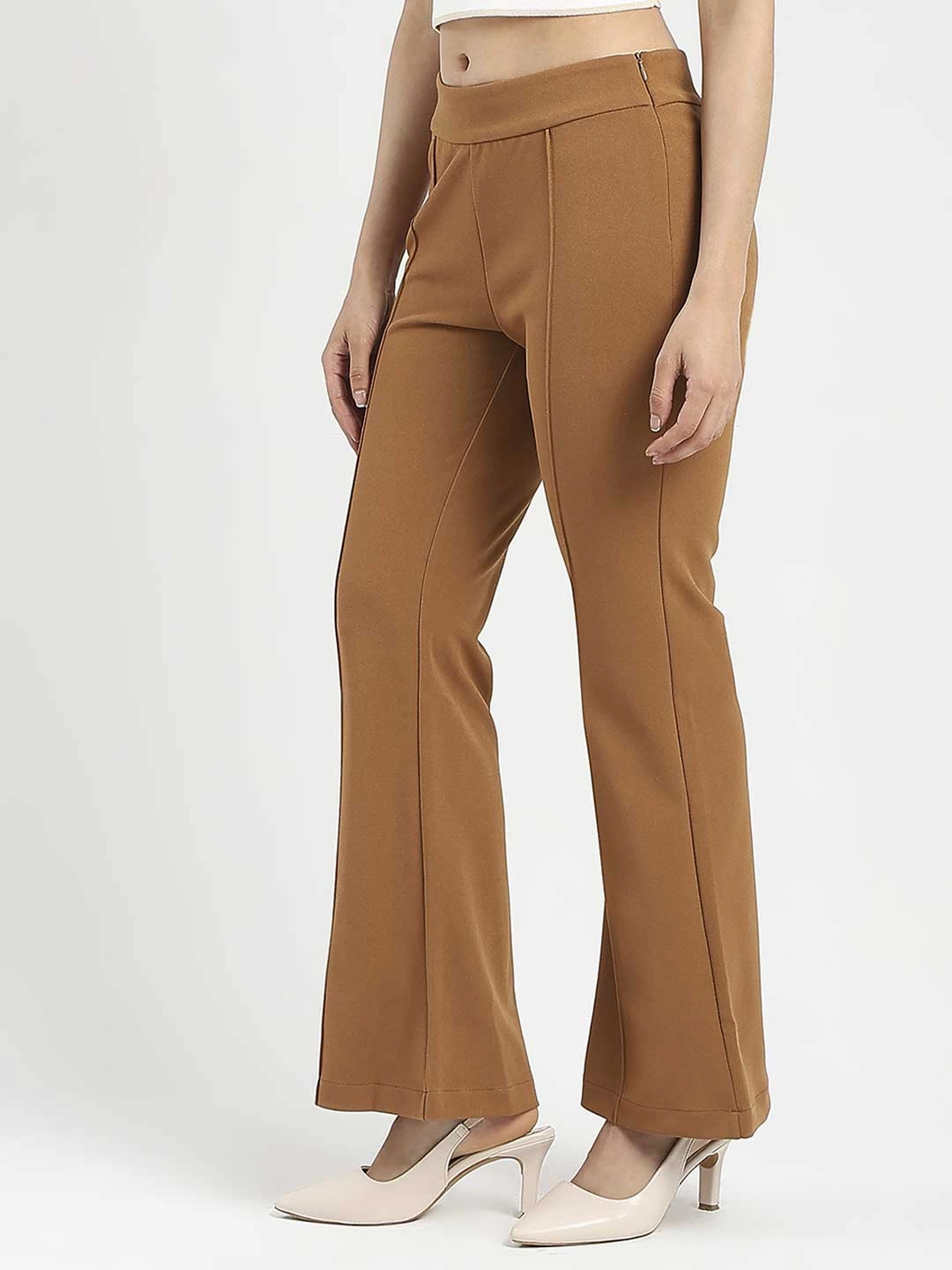 Urban Comfort Quick Comfort Design Madame Side Zipper Flared Coffee Brown Knitted Moss Trousers