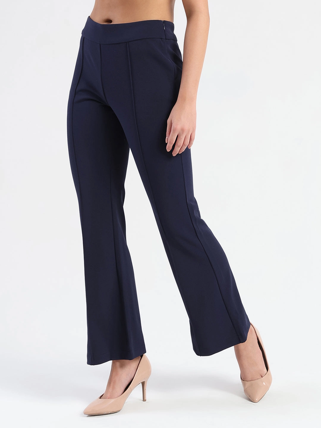 Stylish Fit Madame Side Zipper Flared Navy Blue Knitted Moss Trousers