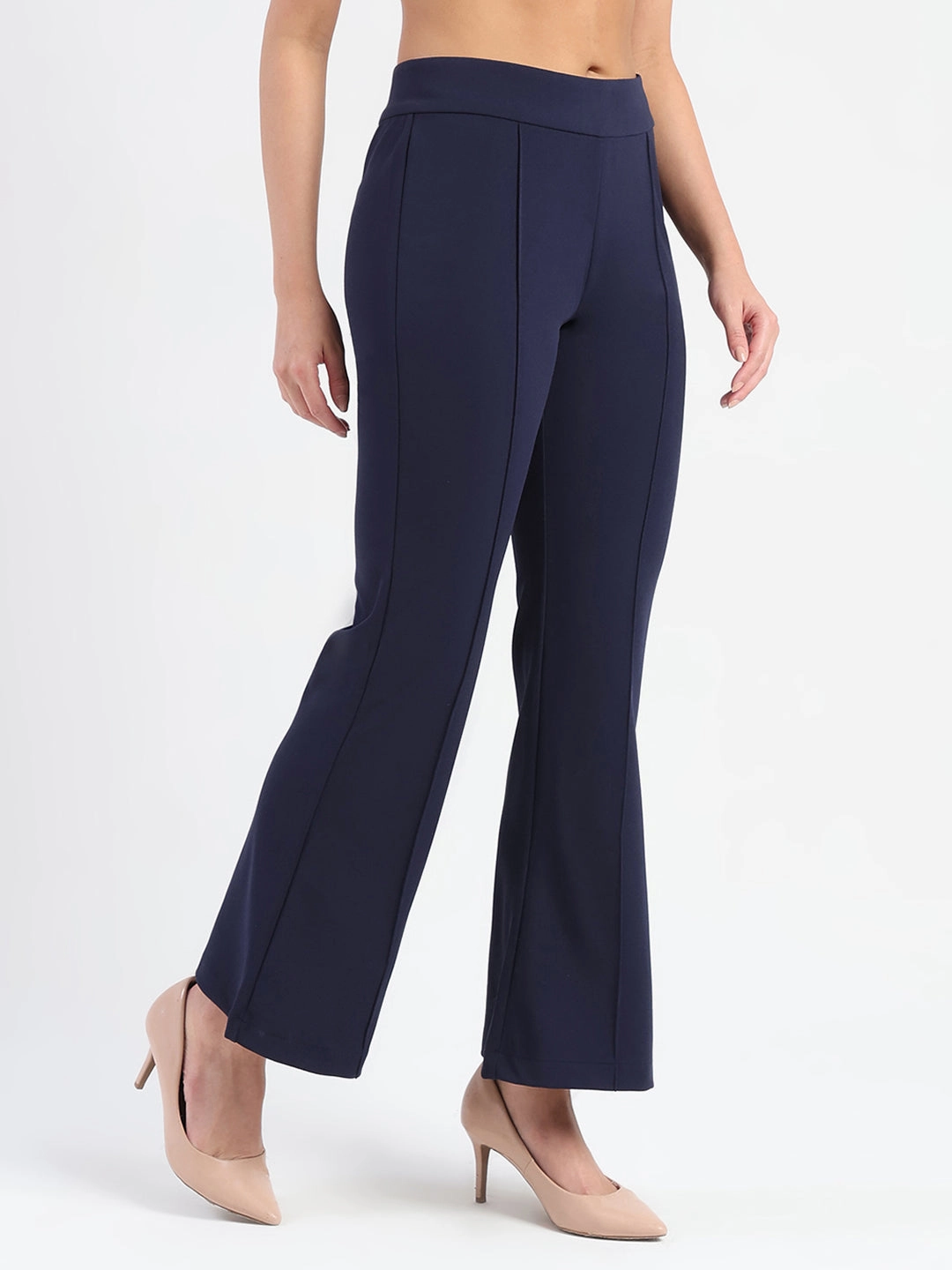 Clean Fit Madame Side Zipper Flared Navy Blue Knitted Moss Trousers