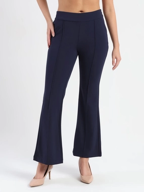 Stretch Ready Slim Look Fit Madame Side Zipper Flared Navy Blue Knitted Moss Trousers