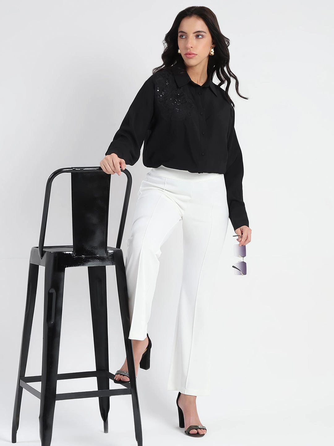 FadeResistant Madame Side Zipper Flared White Knitted Moss Trousers