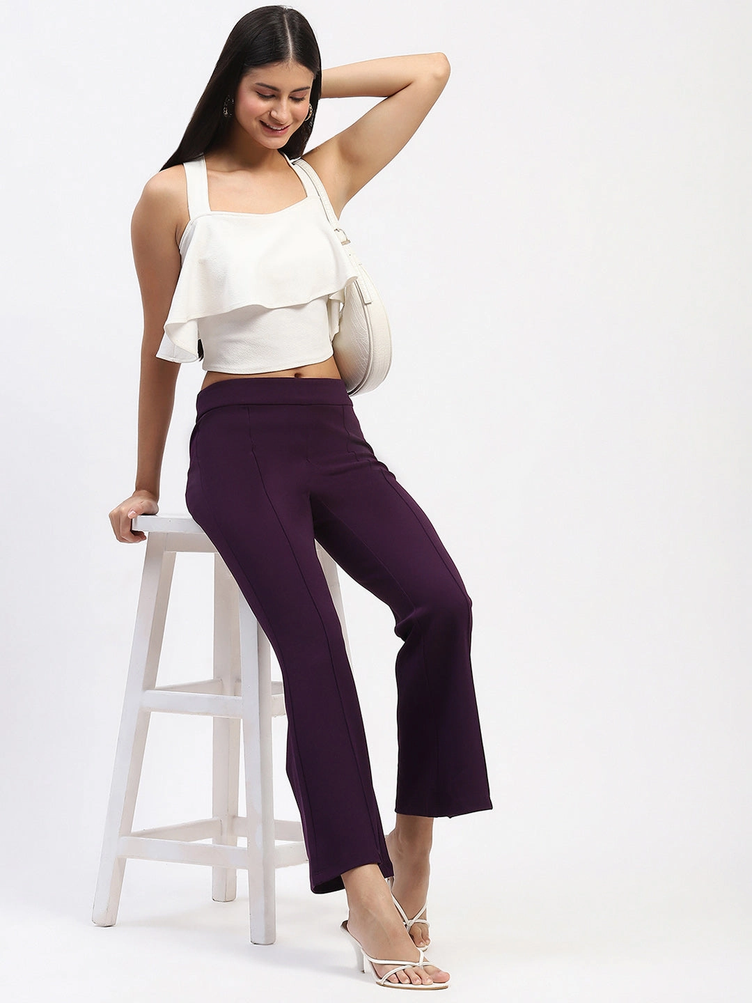Stretching Fit Madame Single Pleated Purple Flared Trousers