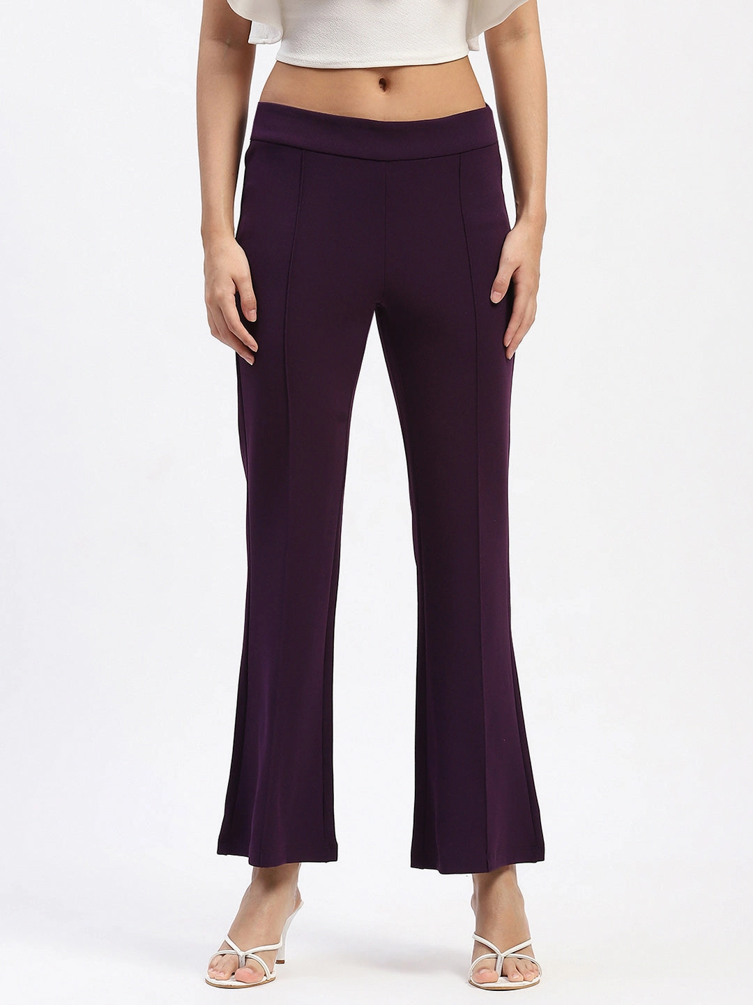 Madame Single Pleated Purple Flared Trousers Modern Waist