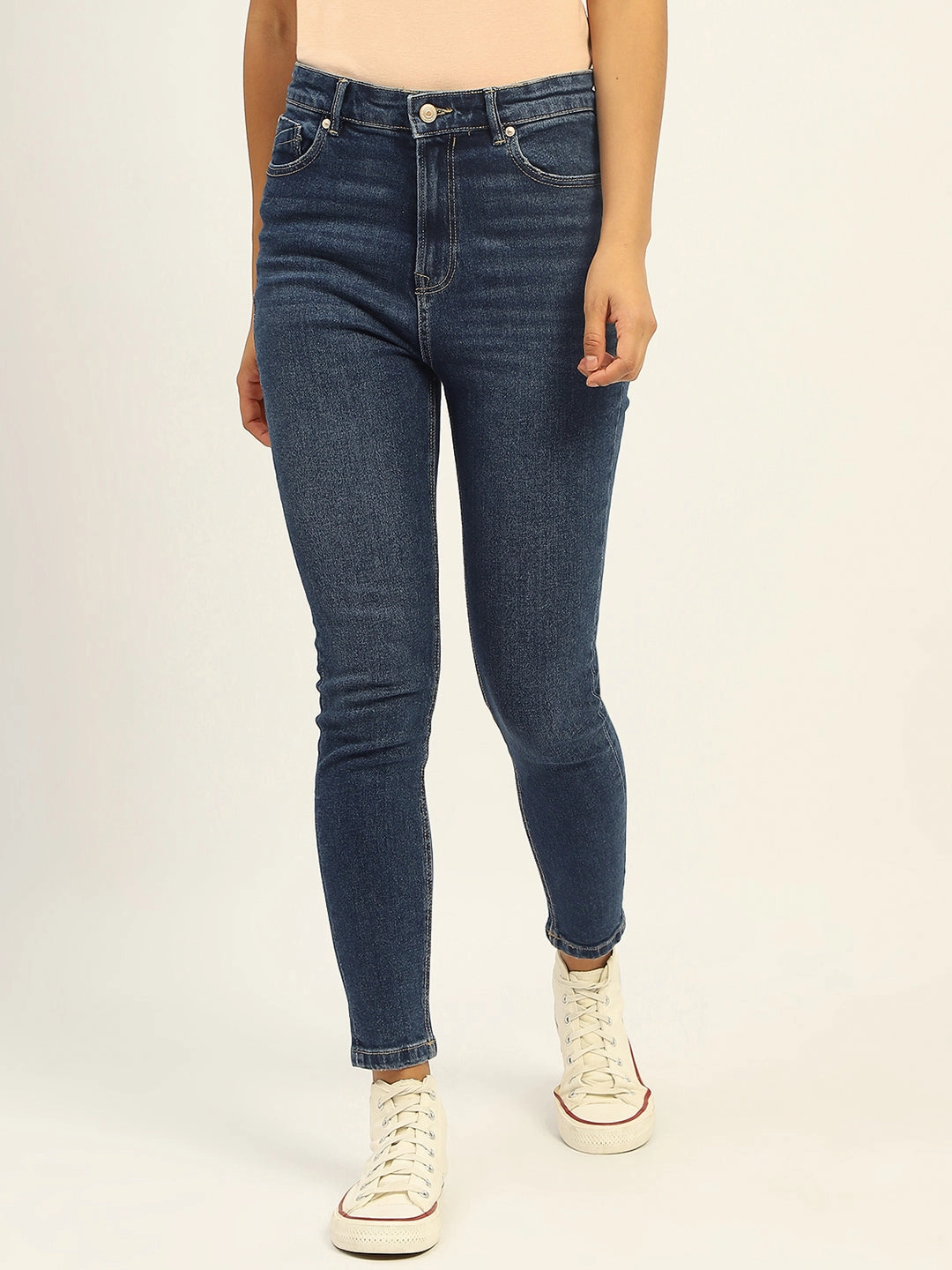 Basic Style Madame Skinny Fit Raw Hem Cotton Dark Blue Denim