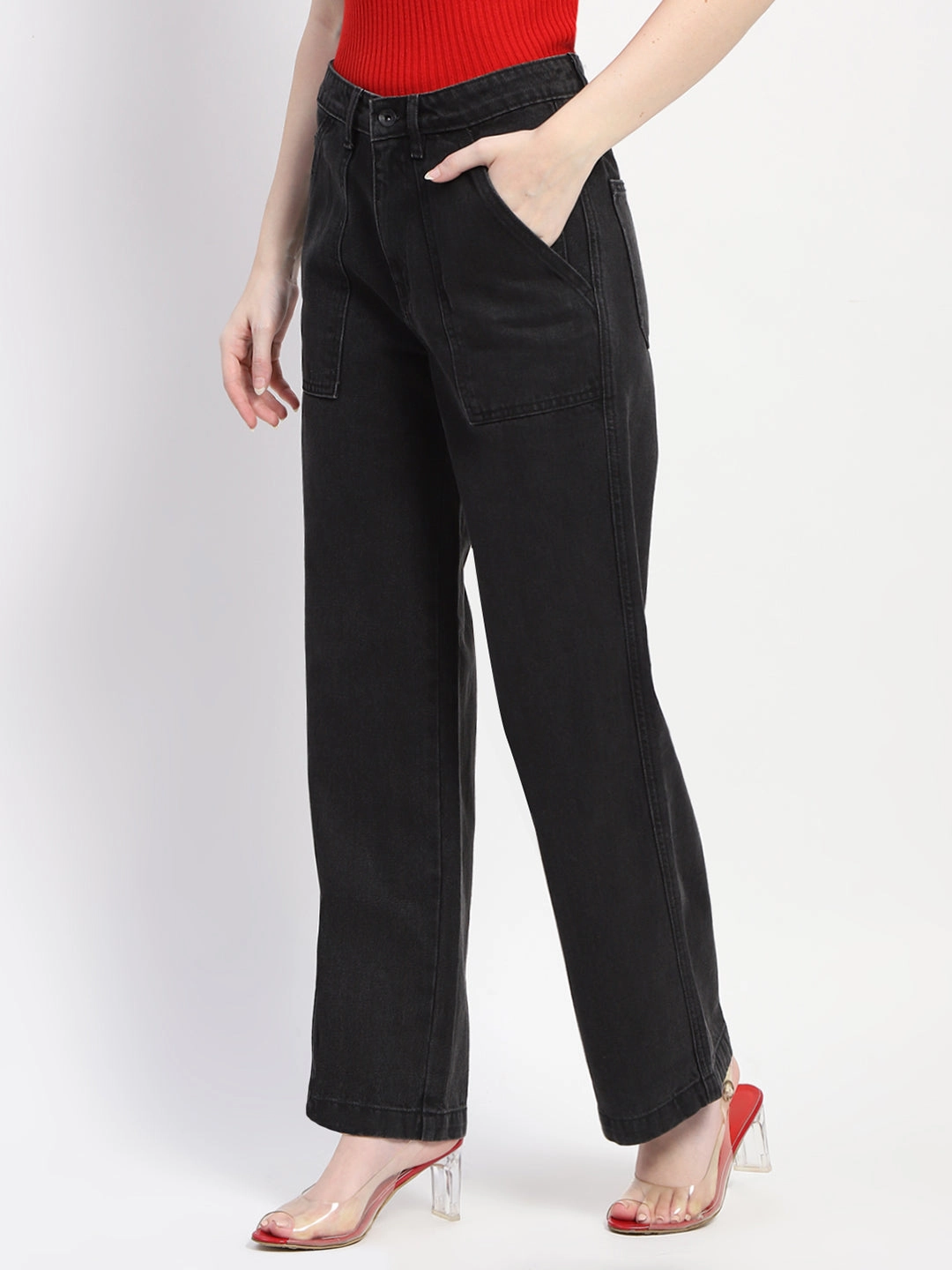 Madame Slant Pocket Flared Black Denim Basic Attire