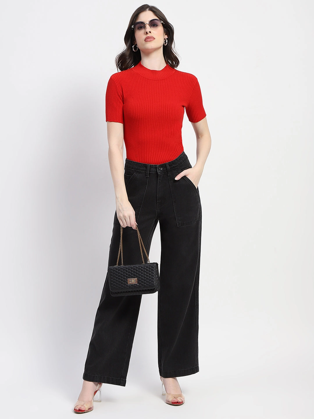 Timeless Comfort Fray Resistant Hem Madame Slant Pocket Flared Black Denim