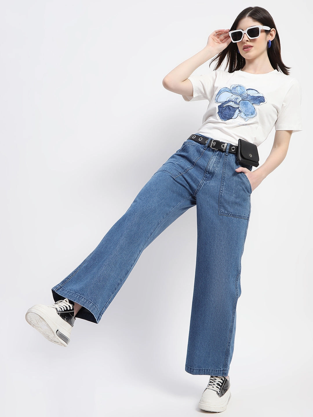 Madame Slant Pocket Flared Mid Blue Denim Comfort Wear Travel Outfit Street Fashion Creative Look