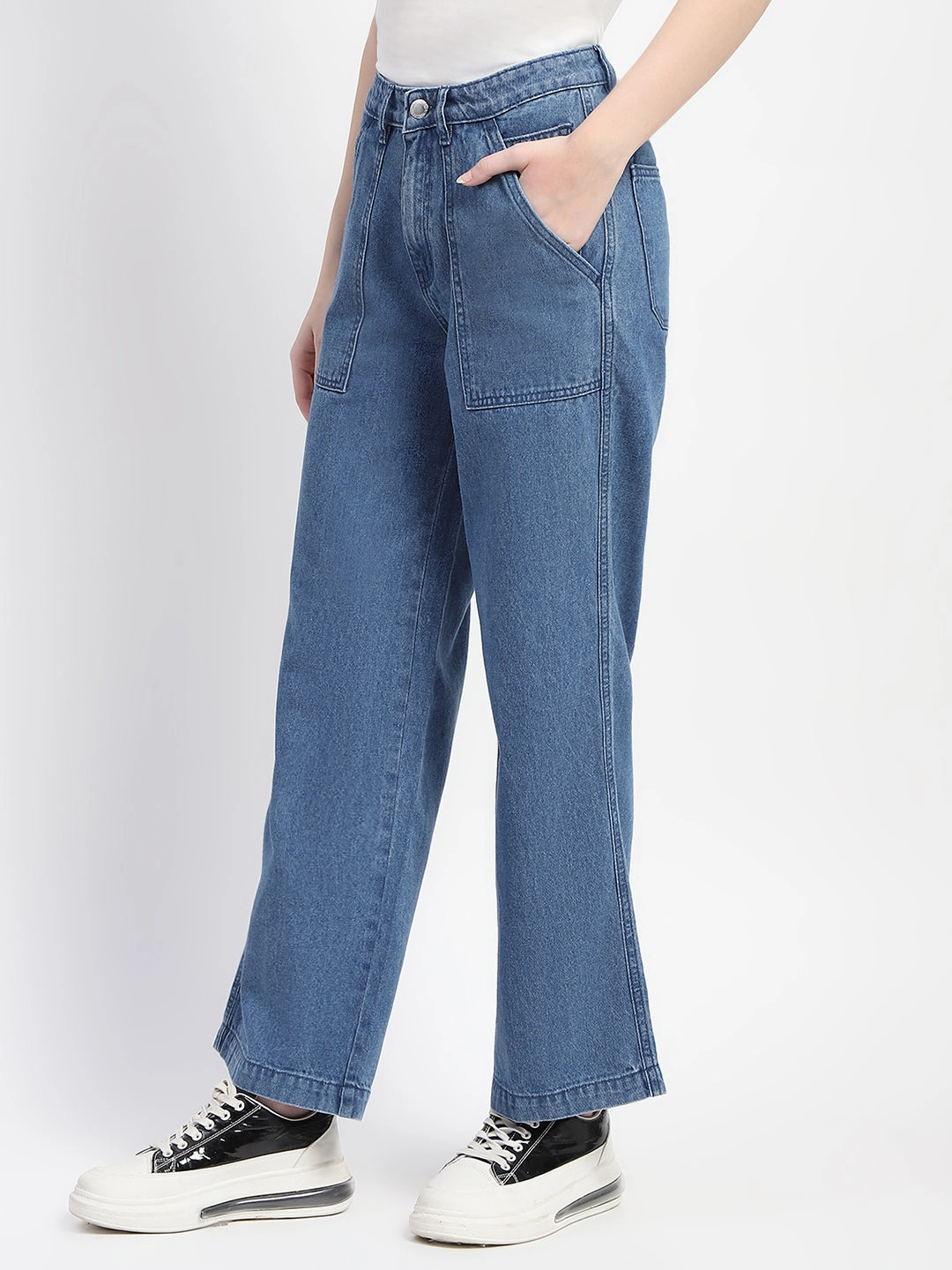 Madame Slant Pocket Flared Mid Blue Denim Street Fashion Parent Style Rainy Day Everyday