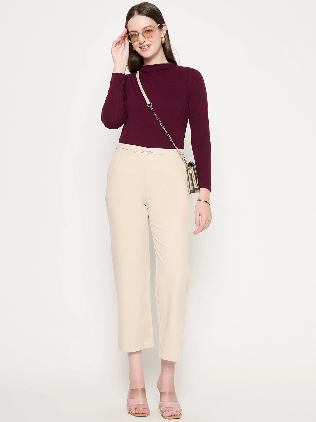 Madame Slash Pocketed Straight Fit Belted Solid Ivory Trousers OdorResistantTreatment