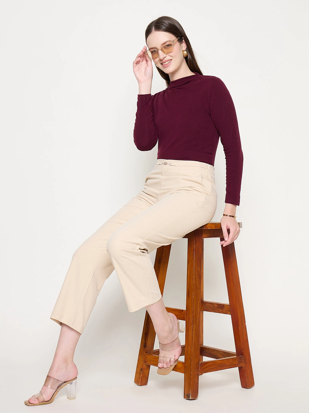 No Sagging Chilly Day Wear Madame Slash Pocketed Straight Fit Belted Solid Ivory Trousers