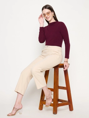 No Sagging Chilly Day Wear Madame Slash Pocketed Straight Fit Belted Solid Ivory Trousers