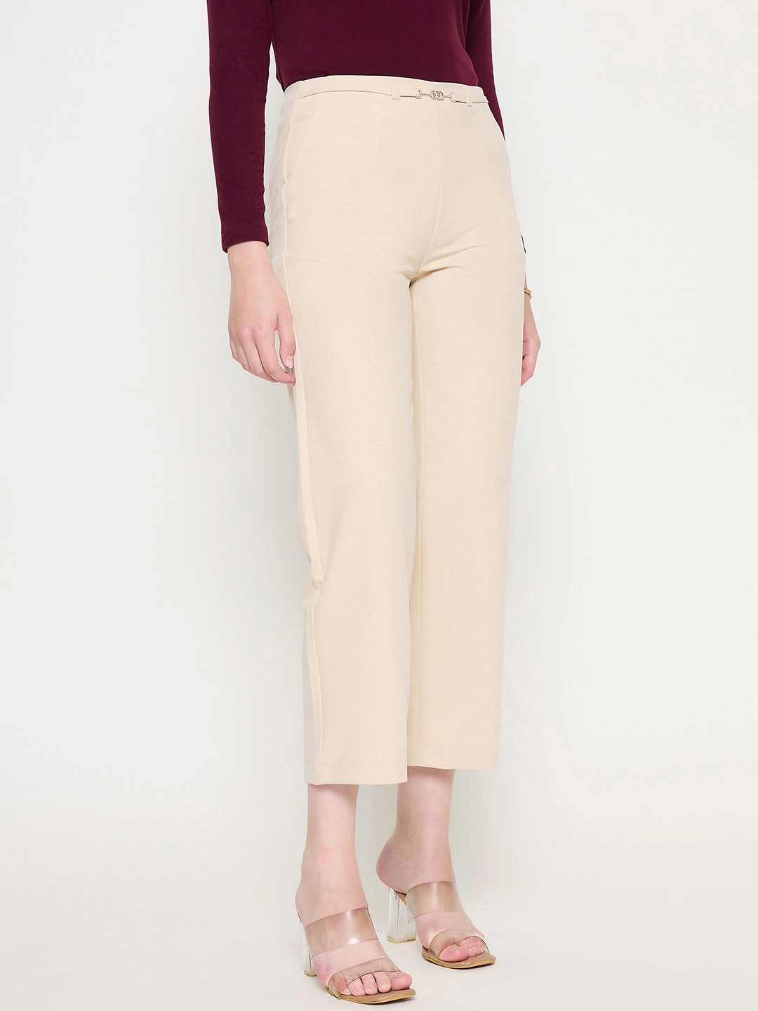 Madame Slash Pocketed Straight Fit Belted Solid Ivory Trousers Ripstop Reinforcement Friction Resistant Fabric