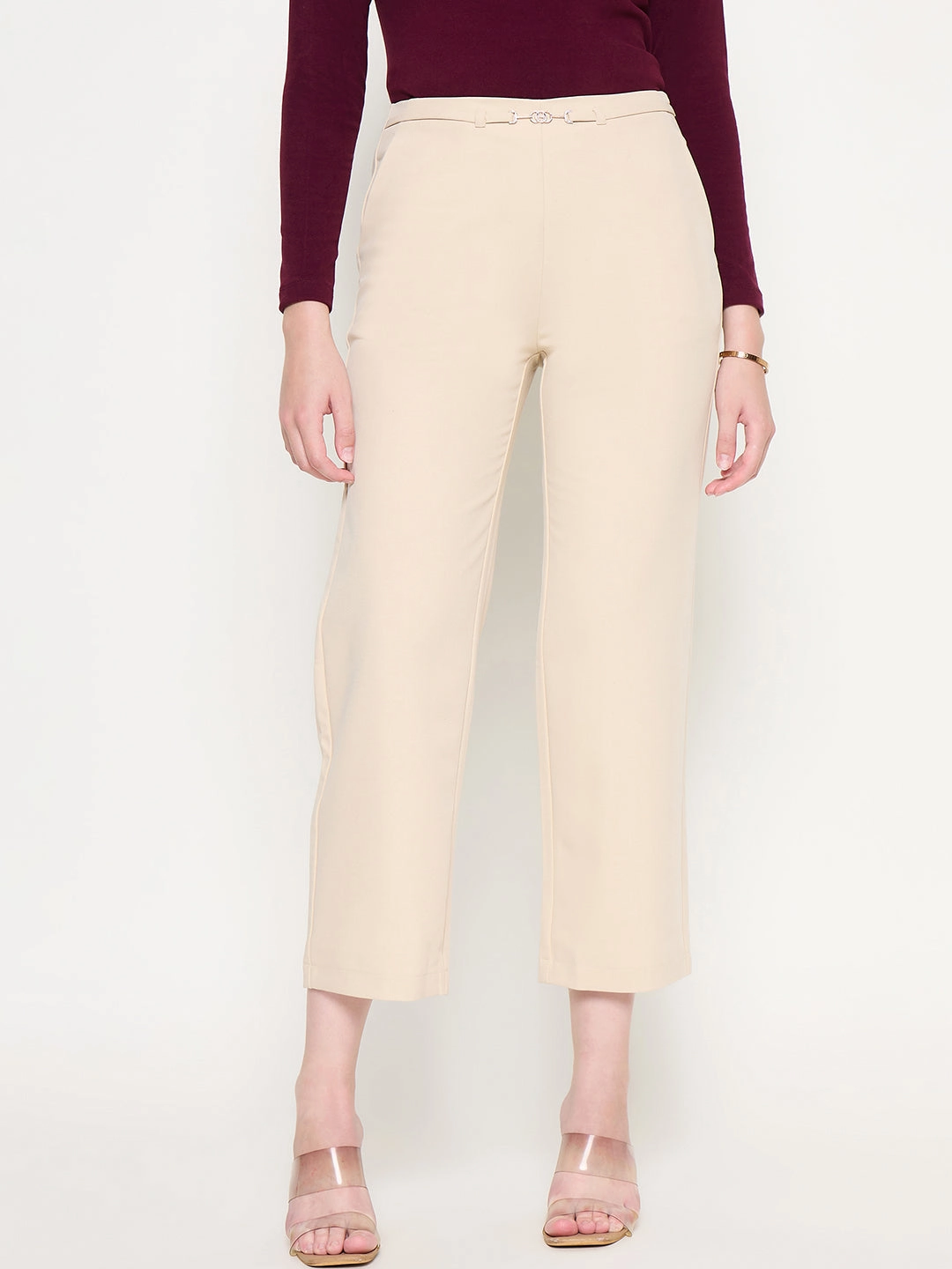 Stretch Support Fit Madame Slash Pocketed Straight Fit Belted Solid Ivory Trousers