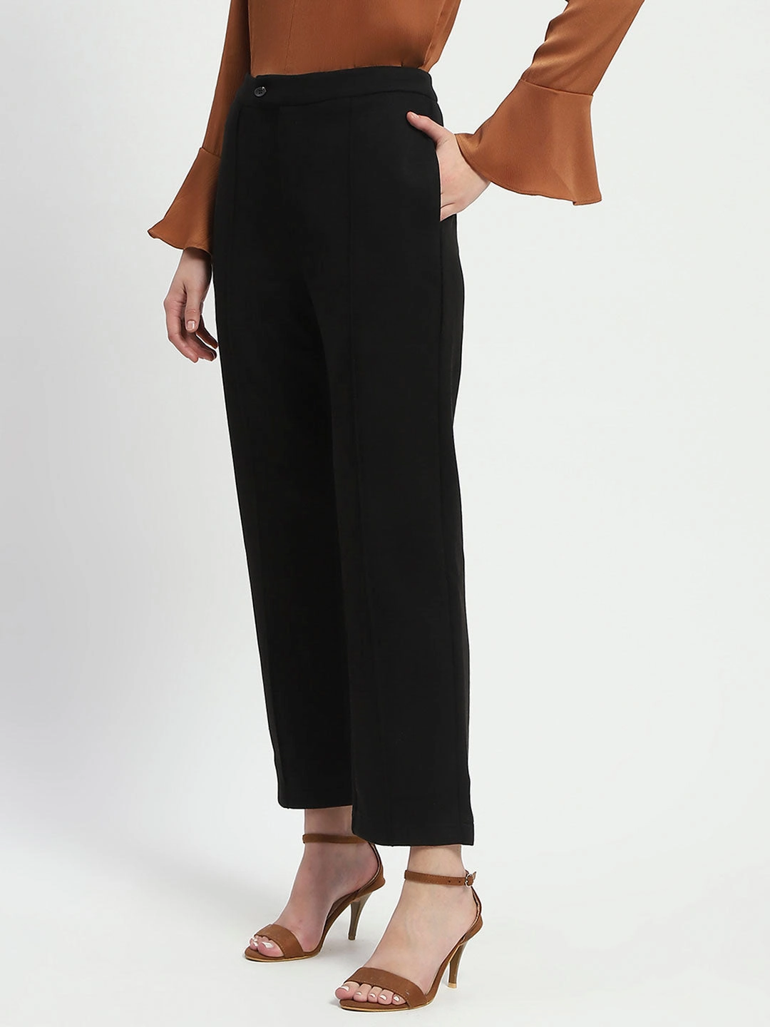 Madame Solid Black Pleated Gurkha Trousers Effortless Fit
