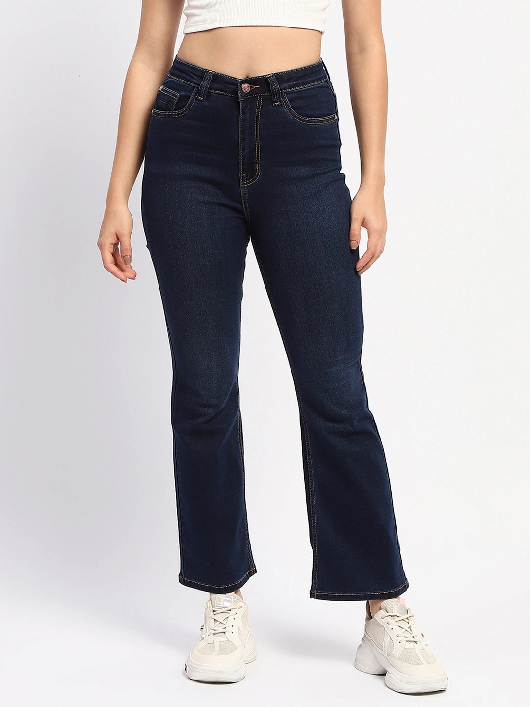 Comfy Design Daily Driven Madame Solid Blue Flared Fit Denim