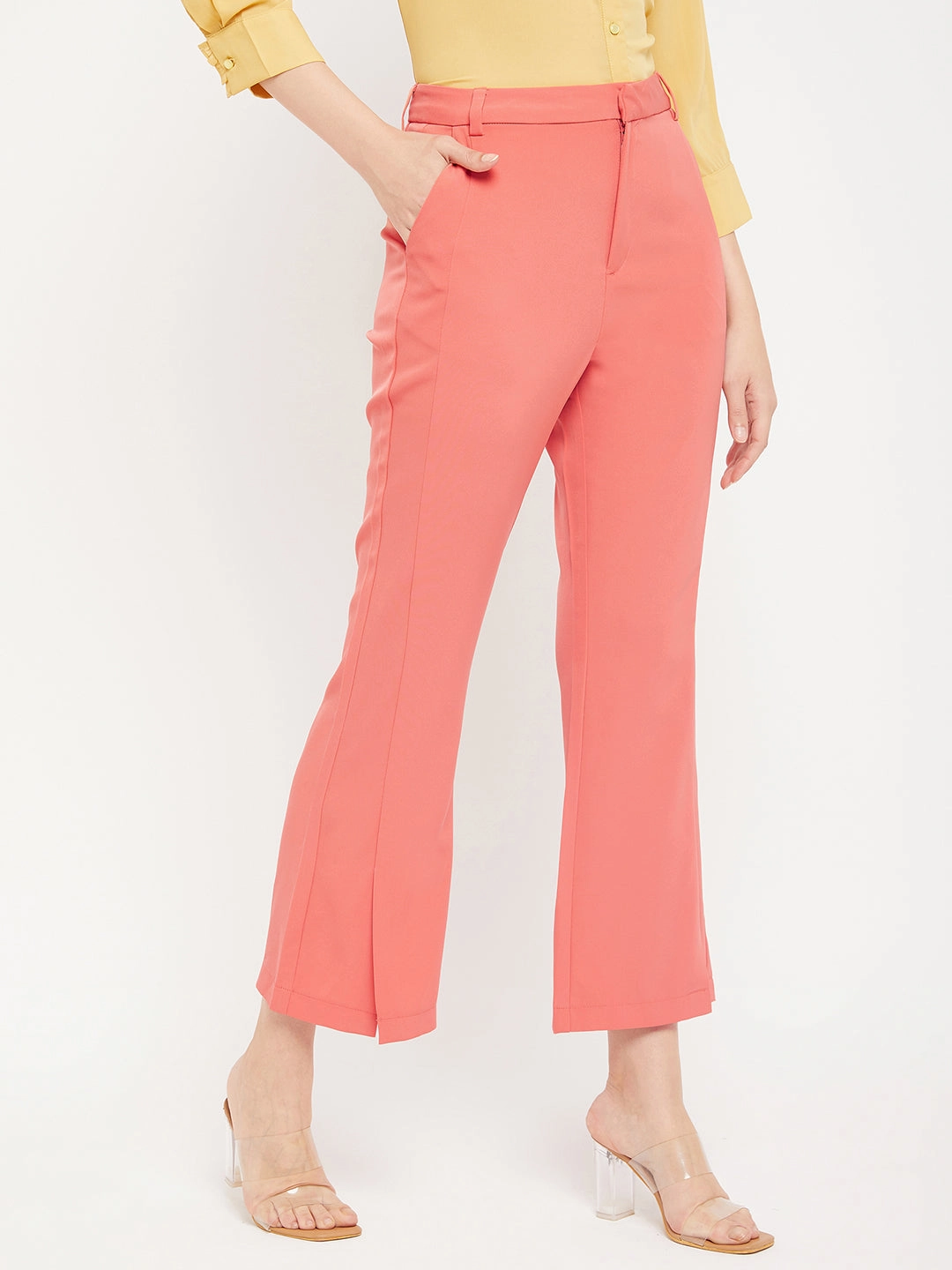 Breathable mesh design Madame Solid Coral Bootcut Trousers