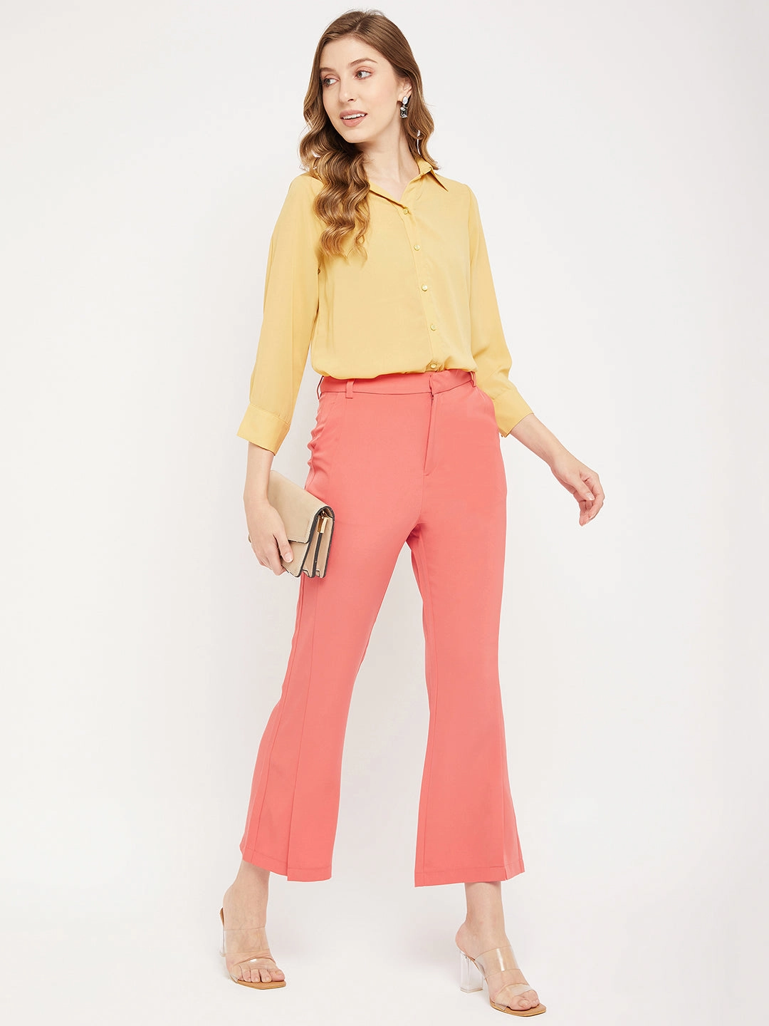 Madame Solid Coral Bootcut Trousers Versatile Layer
