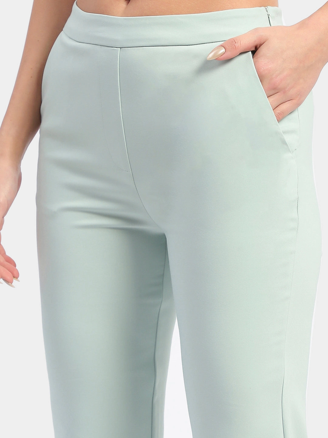 Madame Solid Green Flared Trousers LowProfileStitching Chill Fit