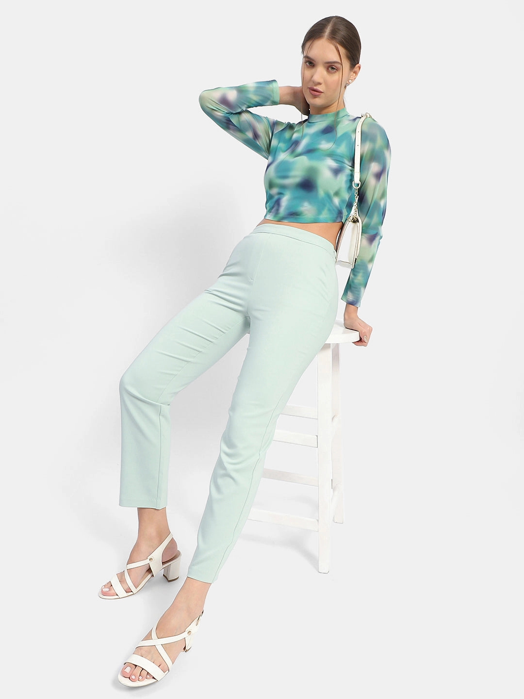 Flexible Leg Casual Wearable Madame Solid Green Flared Trousers