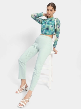 Flexible Leg Casual Wearable Madame Solid Green Flared Trousers