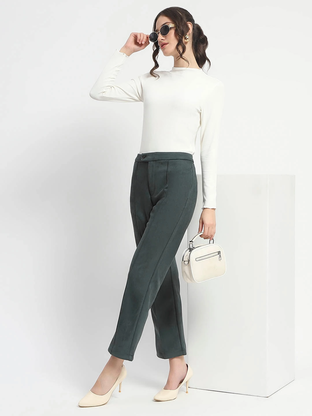 Casual Edge Madame Solid Green Pleated Gurkha Trousers