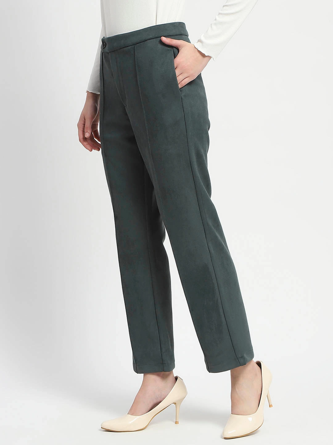 Madame Solid Green Pleated Gurkha Trousers Stretch Ready Non Restrictive Cut