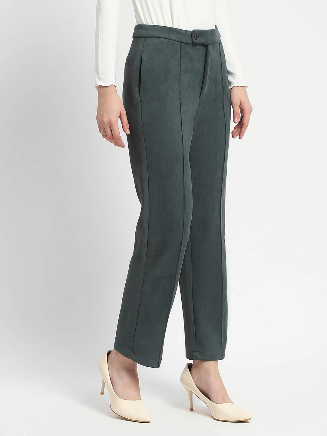 Madame Solid Green Pleated Gurkha Trousers DoubleLayeredFabric