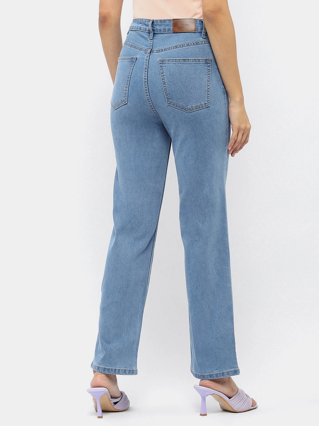 Abrasion Resistant Surface Stretch Denim Technology Madame Solid Light Blue Wide Leg Denim Jeans