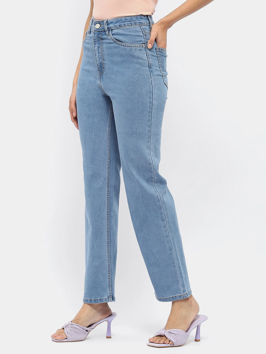 Madame Solid Light Blue Wide Leg Denim Jeans Softened Lining Core Layer