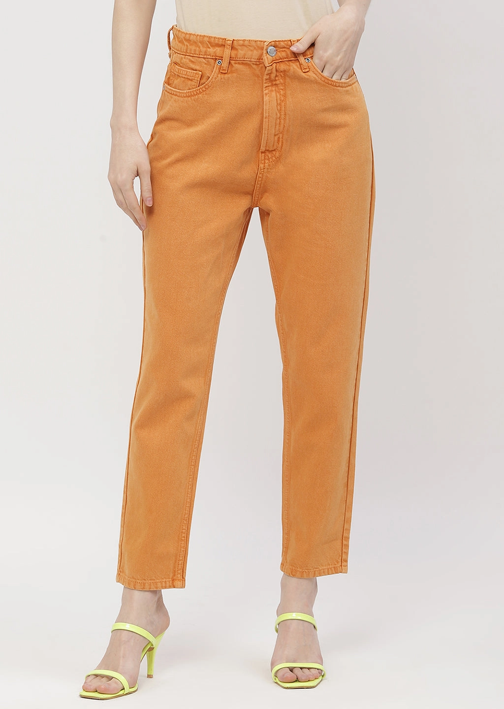 Neutral Tones Madame Solid Orange Mom Fit Jeans