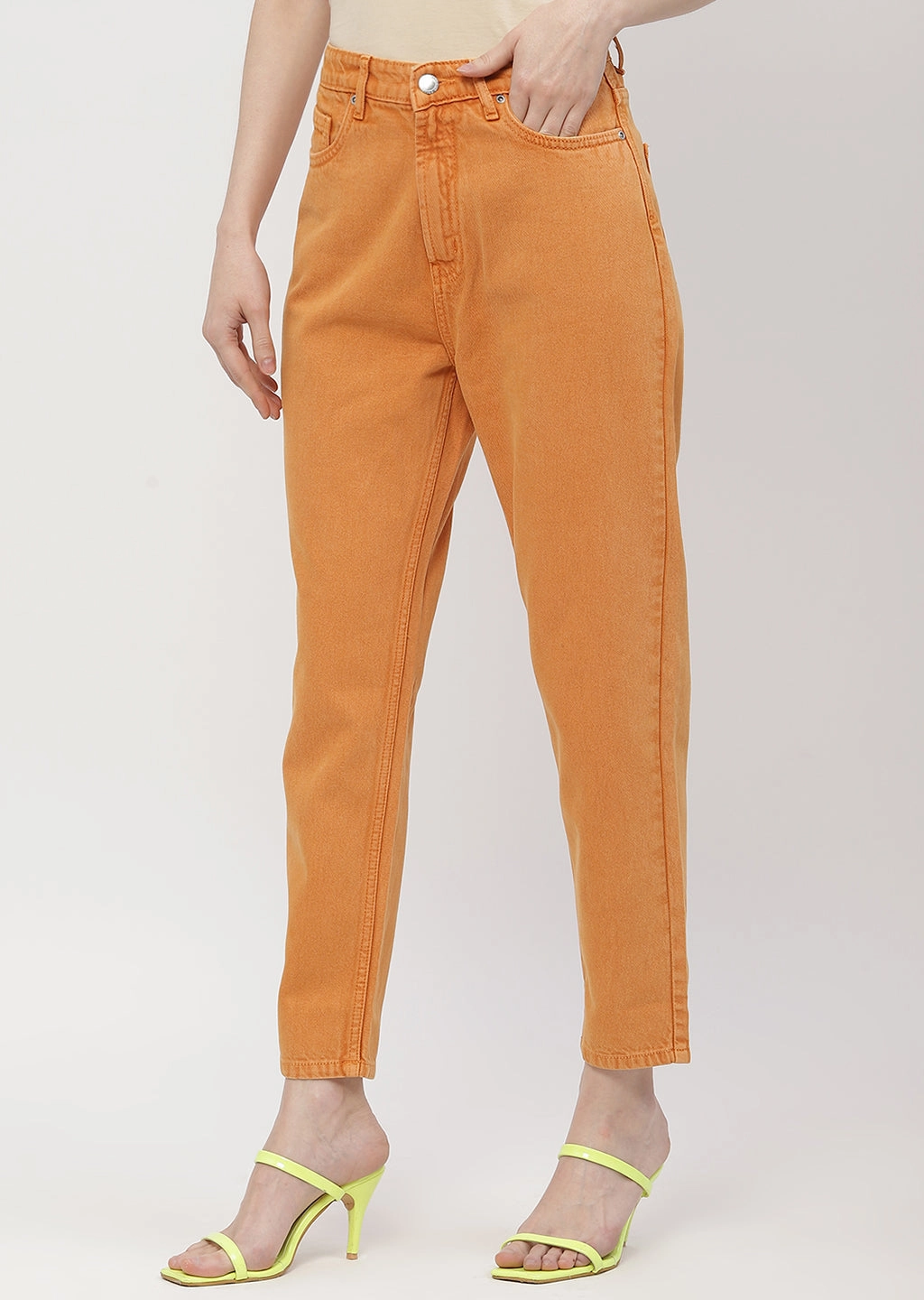Madame Solid Orange Mom Fit Jeans Spring Mood Elegant City Walk Strong Stitch