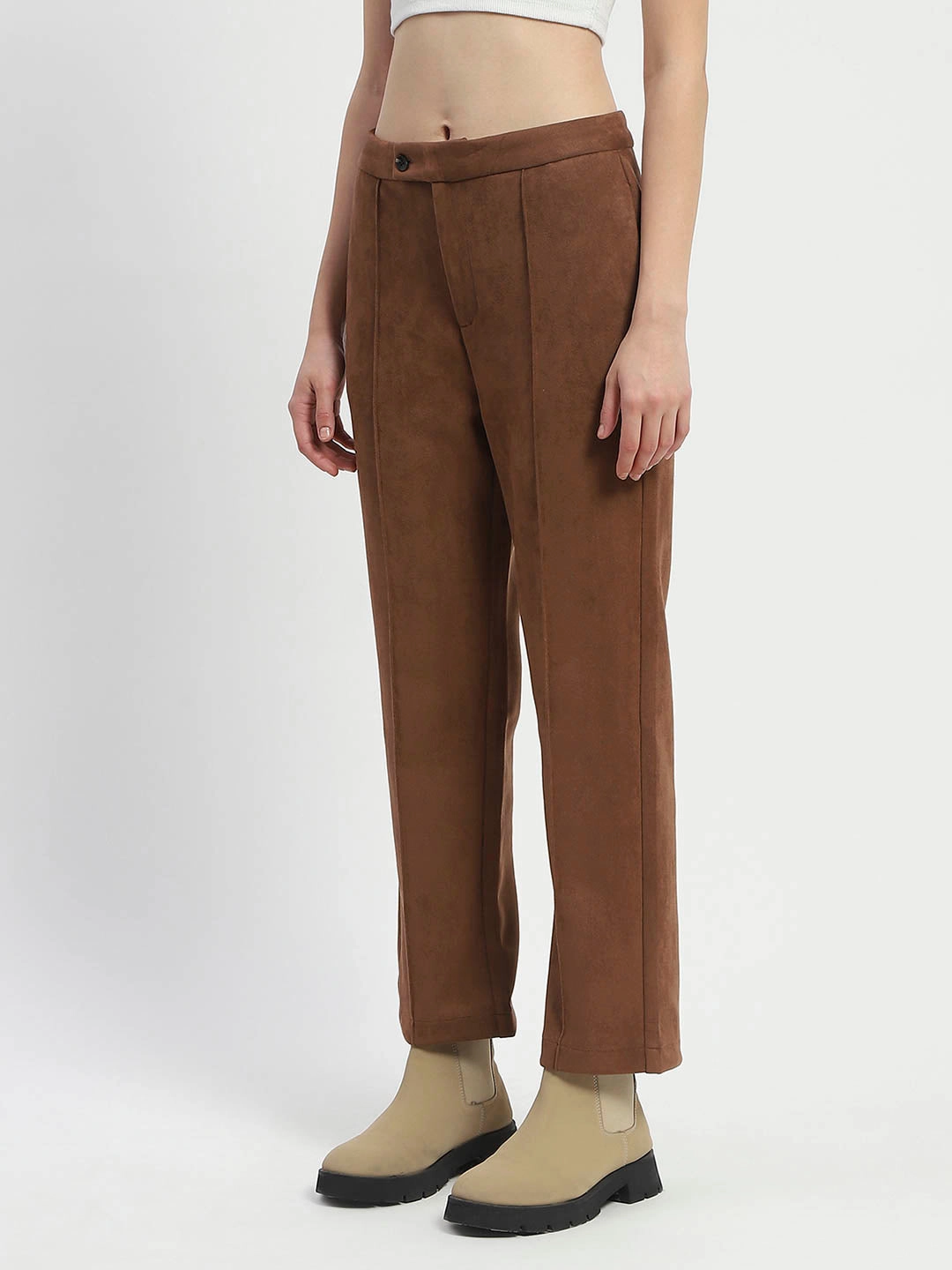 Madame Solid Tan Pleated Gurkha Trousers AdjustableTabs Compression Support Lining