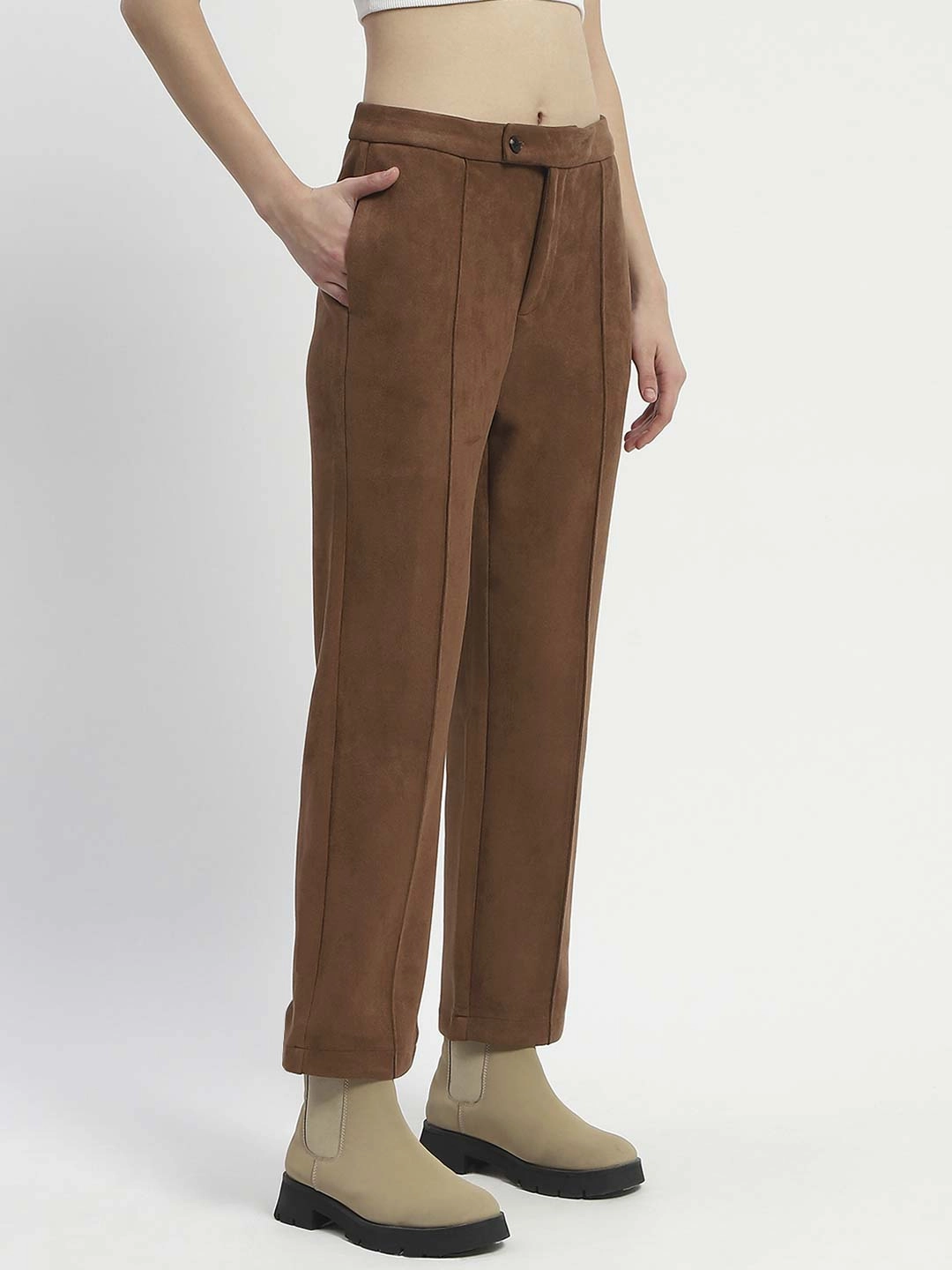 Madame Solid Tan Pleated Gurkha Trousers Double Stitched Seams