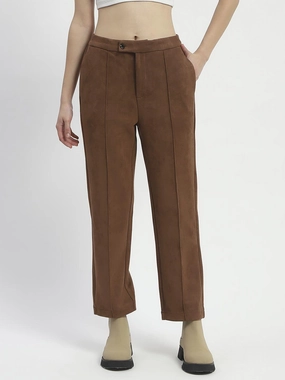 Madame Solid Tan Pleated Gurkha Trousers Comfort Design Breathable Stretch