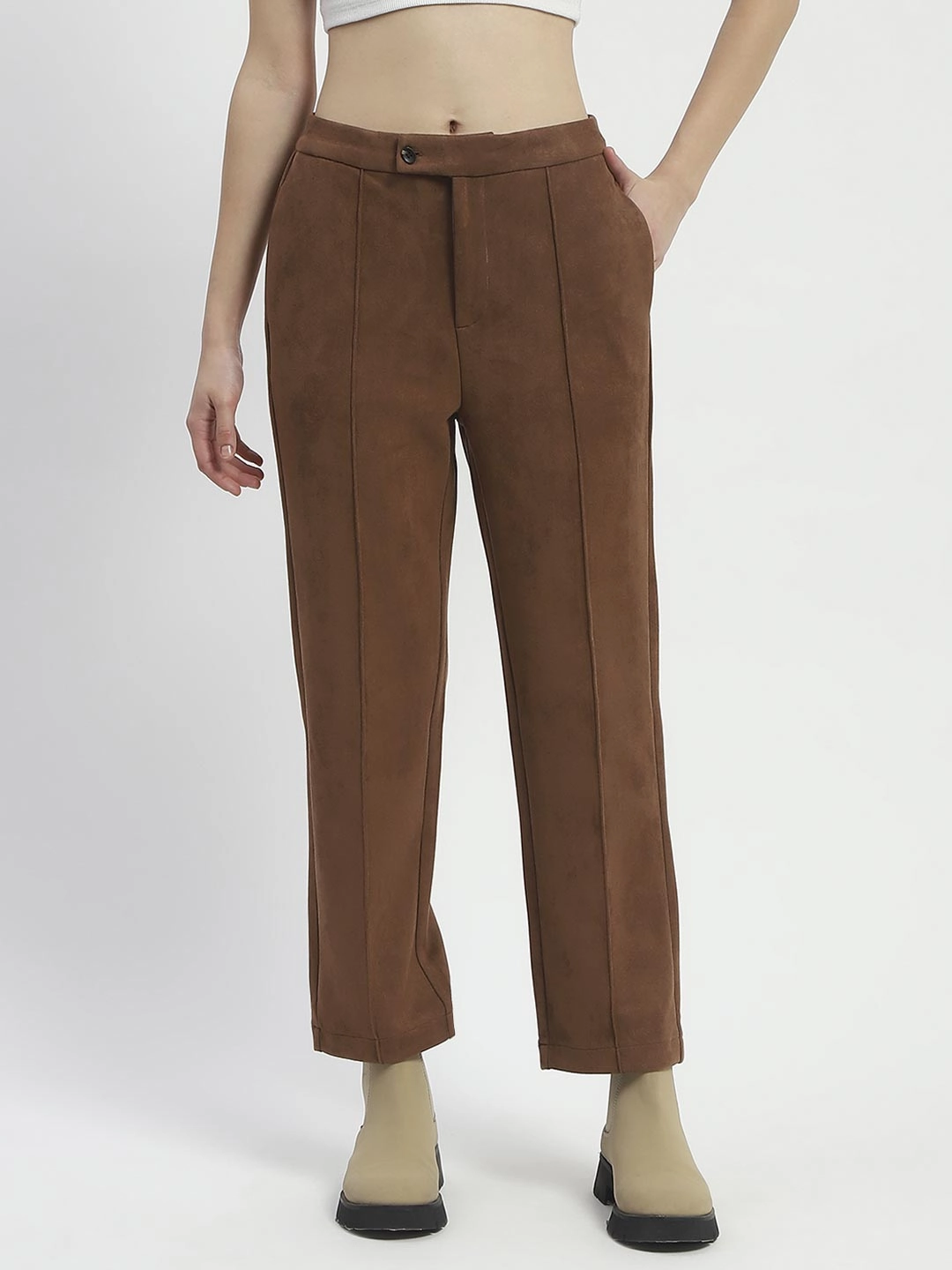 Madame Solid Tan Pleated Gurkha Trousers Comfort Design Breathable Stretch
