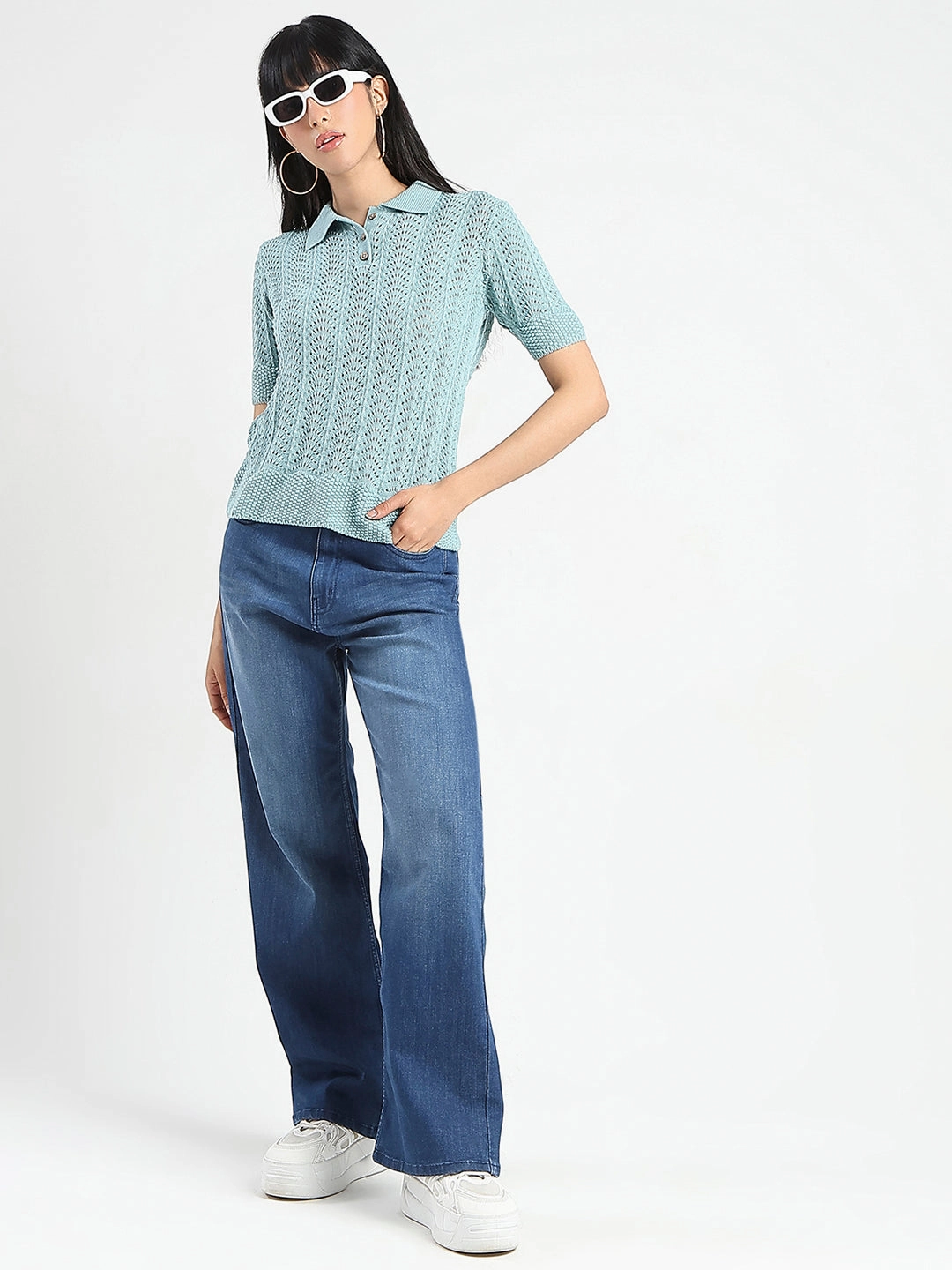 Madame Stone Wash Wide Leg Dark Blue Jeans Smooth Creative Look Adult Fashion Daytime Look