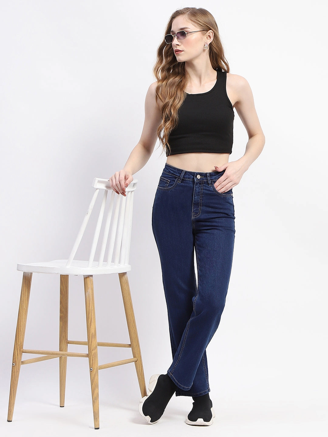 Casual Fit Family Style Elegant Madame Straight-Fit Dark Blue Cotton Denim Jeans