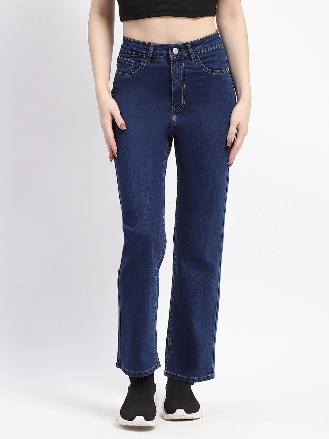 Date Night Sunny Vibes Button Fly Option Madame Straight-Fit Dark Blue Cotton Denim Jeans