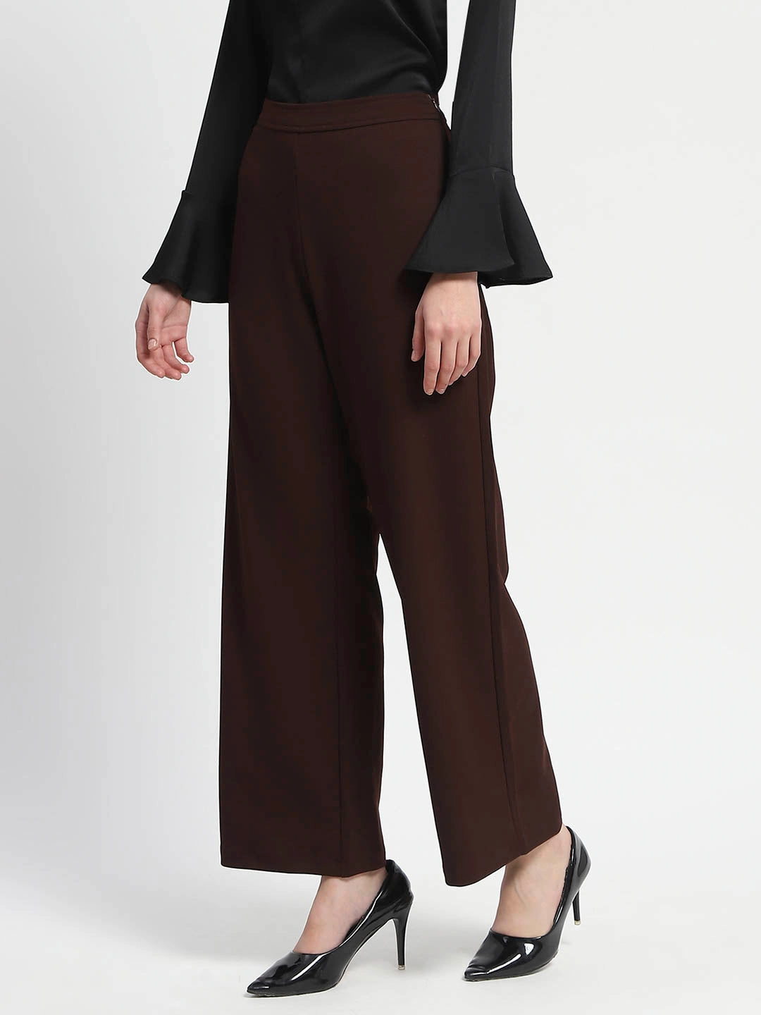 Comfy Flex Madame Straight Fit Elasticated Waist Solid Coffee Trousers