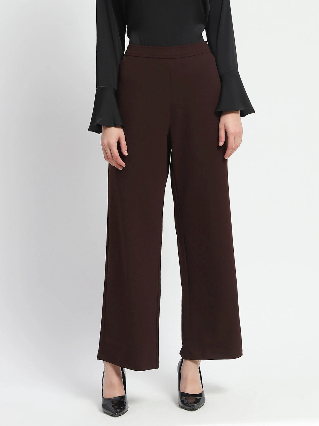 Madame Straight Fit Elasticated Waist Solid Coffee Trousers Quick Release Closure ReinforcedKnees