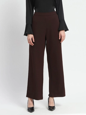 Madame Straight Fit Elasticated Waist Solid Coffee Trousers Quick Release Closure ReinforcedKnees
