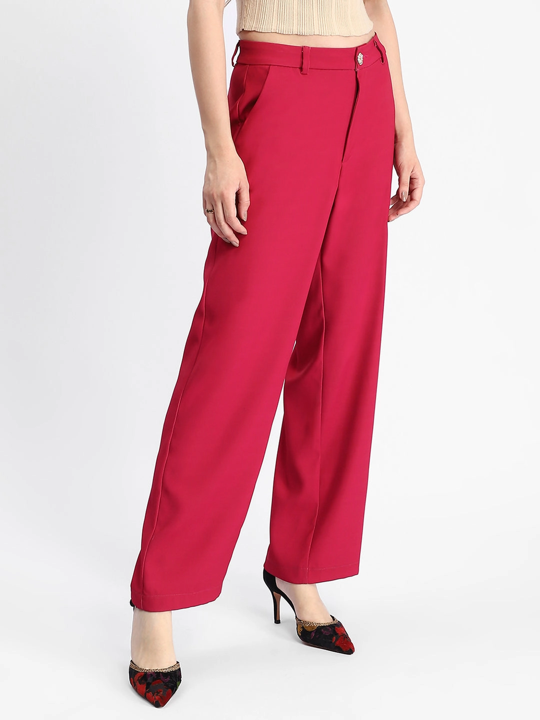 DoubleLayeredKnees Curved Waistline Madame Straight Fit Flared Hot Pink Trousers