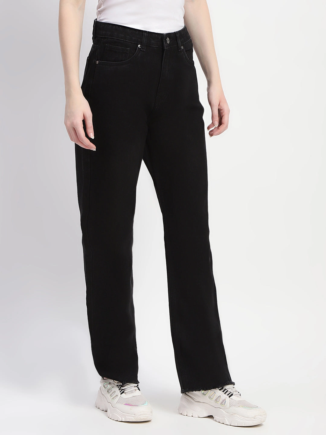 Madame Straight Fit Frayed Hem Solid Black Denim Layer Friendly Piece