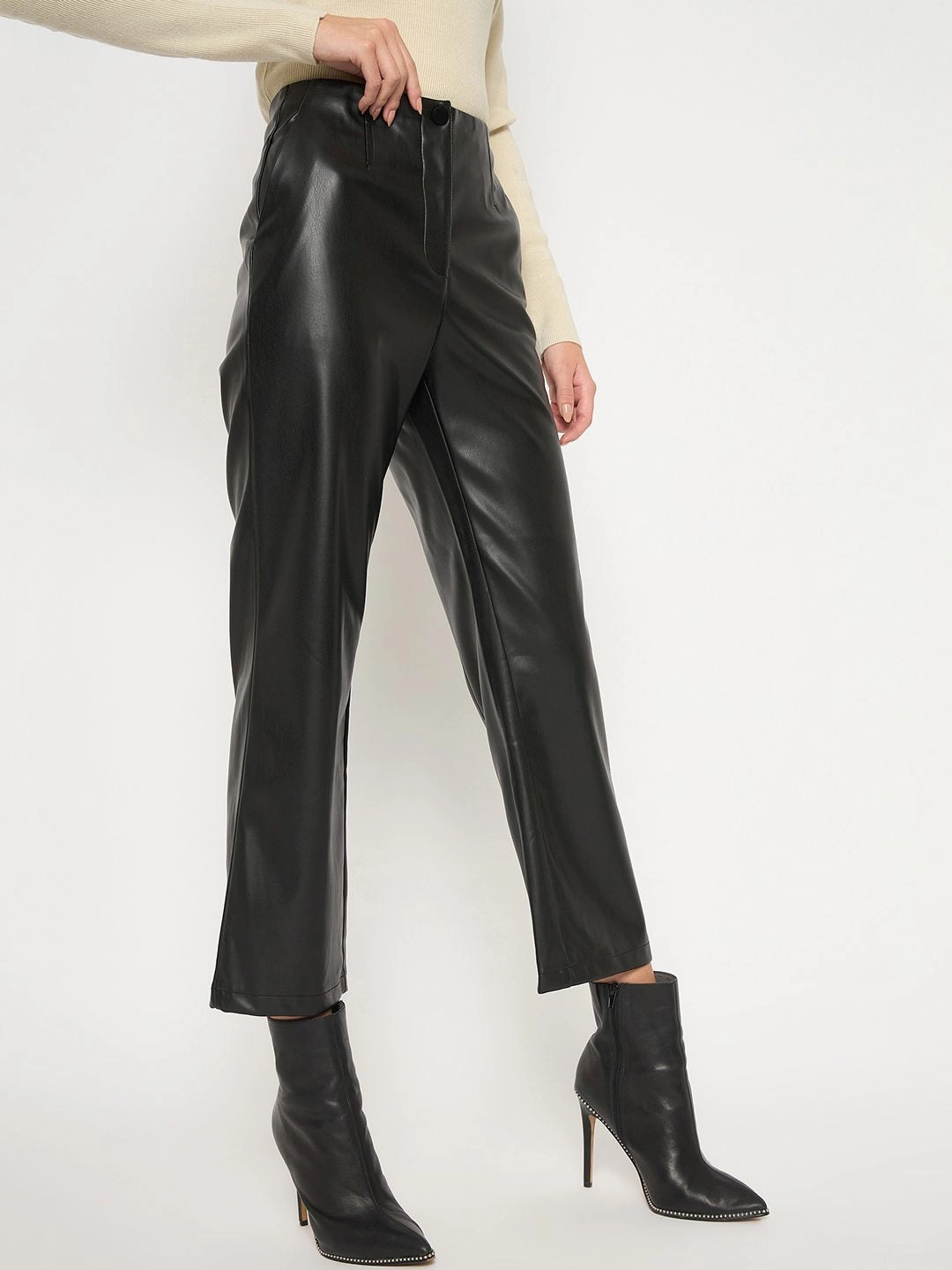 Non Restrictive Fit Madame Straight Fit Solid Black Faux Leather Trouser