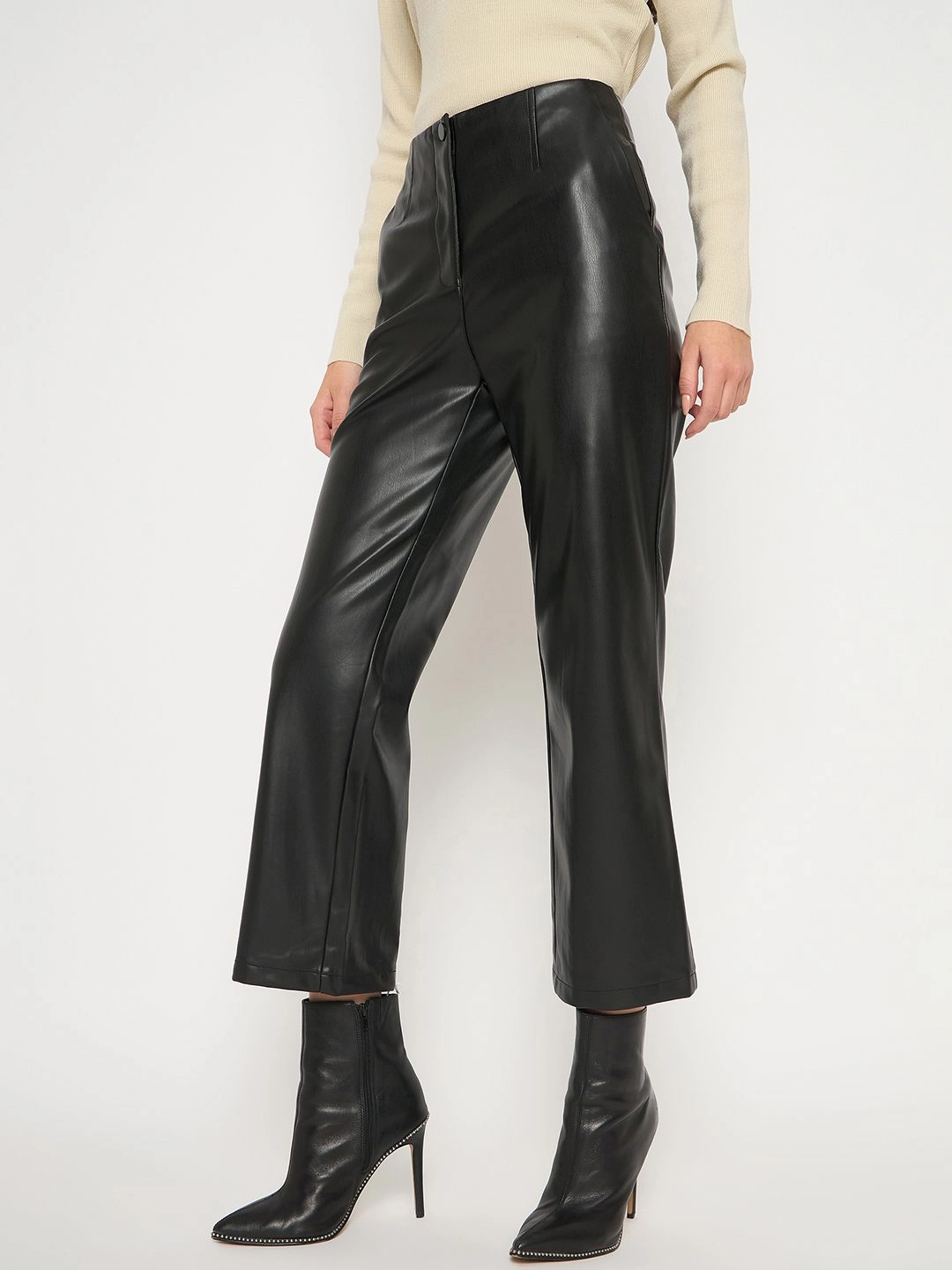 Madame Straight Fit Solid Black Faux Leather Trouser Breathable activewear Movement Ready Fit
