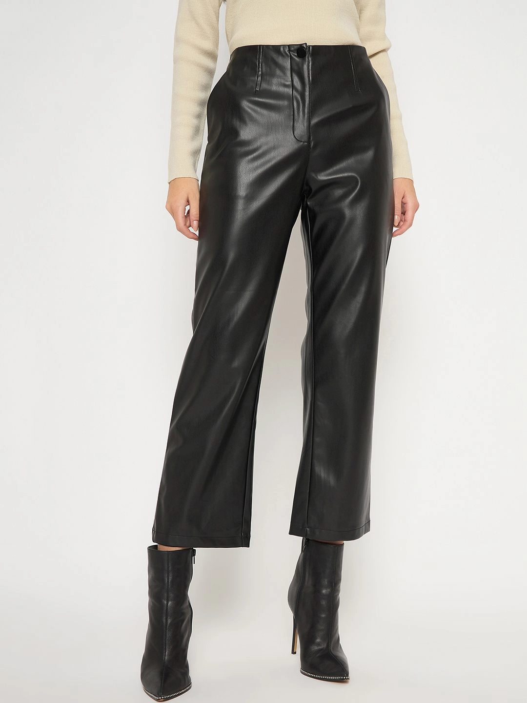 Feminine Cut Madame Straight Fit Solid Black Faux Leather Trouser