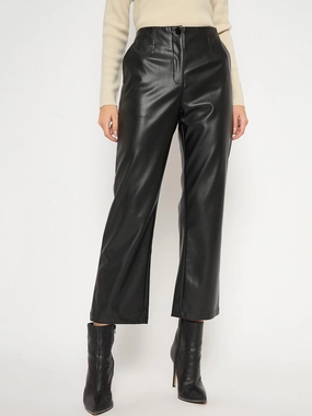 Feminine Cut Madame Straight Fit Solid Black Faux Leather Trouser
