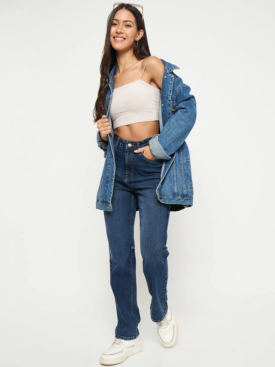 Madame Whiskered Dark Blue Cotton Blend Straight Jeans Timeless Edge Tailored Design