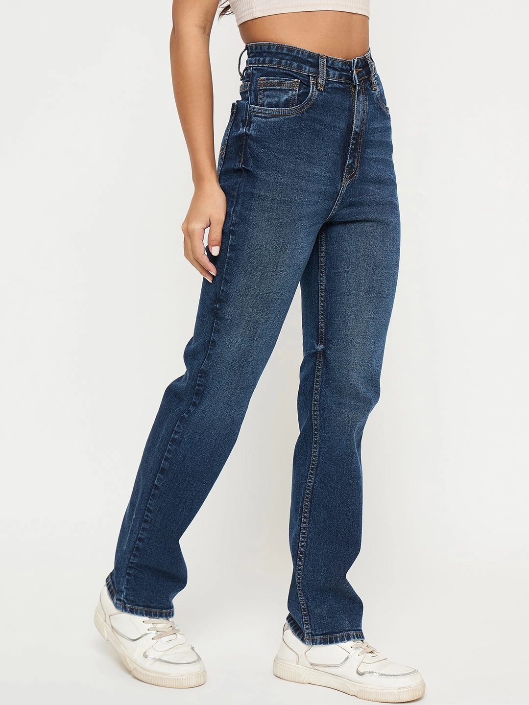 Madame Whiskered Dark Blue Cotton Blend Straight Jeans Timeless Waist