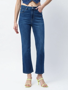 Comfortable Style City Walk Weekend Warrior Madame Whiskered Straight Fit Dark Blue Cotton Blend Jeans
